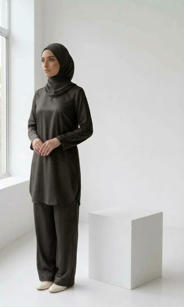 A standing woman wearing black coord set