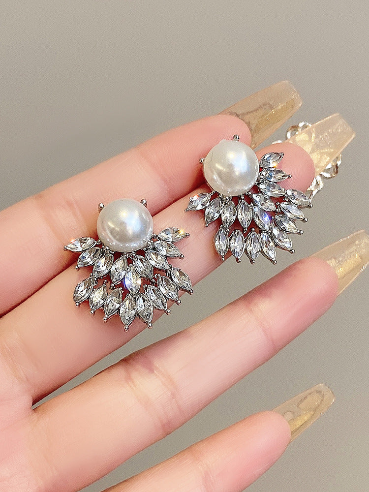 Pearl and Sparkling Stone Cluster Earrings