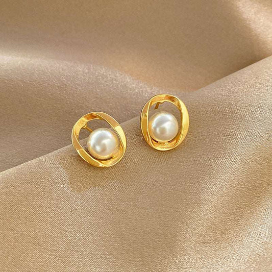 Geometric Pearl Stud Earrings