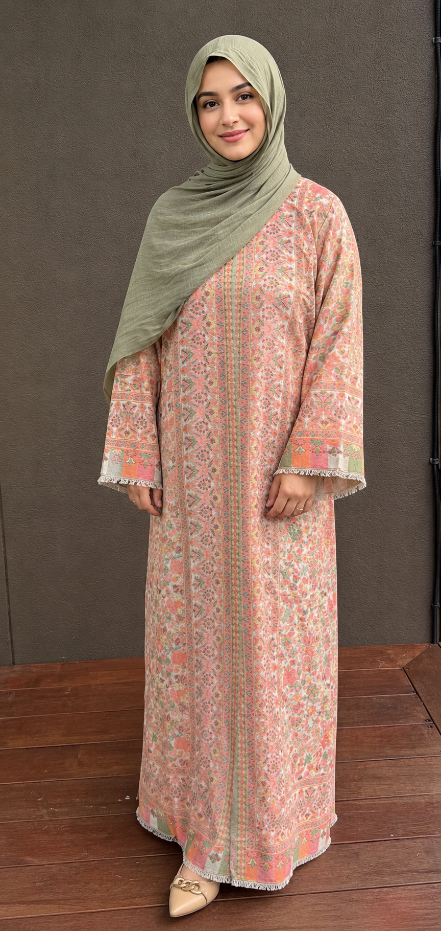 Rosé Bloom Woven Pashmina Open Abaya