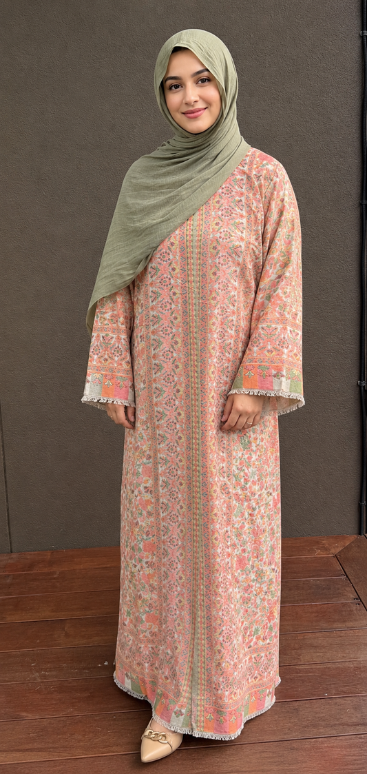 Rosé Bloom Woven Pashmina Open Abaya