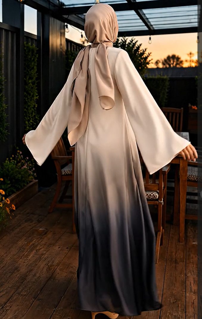 A woman wearing a long flowing abaya dress with a headscarf, photographed from the back on an outdoor patio at sunset. The dress has a warm cream-to-dark charcoal ombré color gradient and wide sleeves.