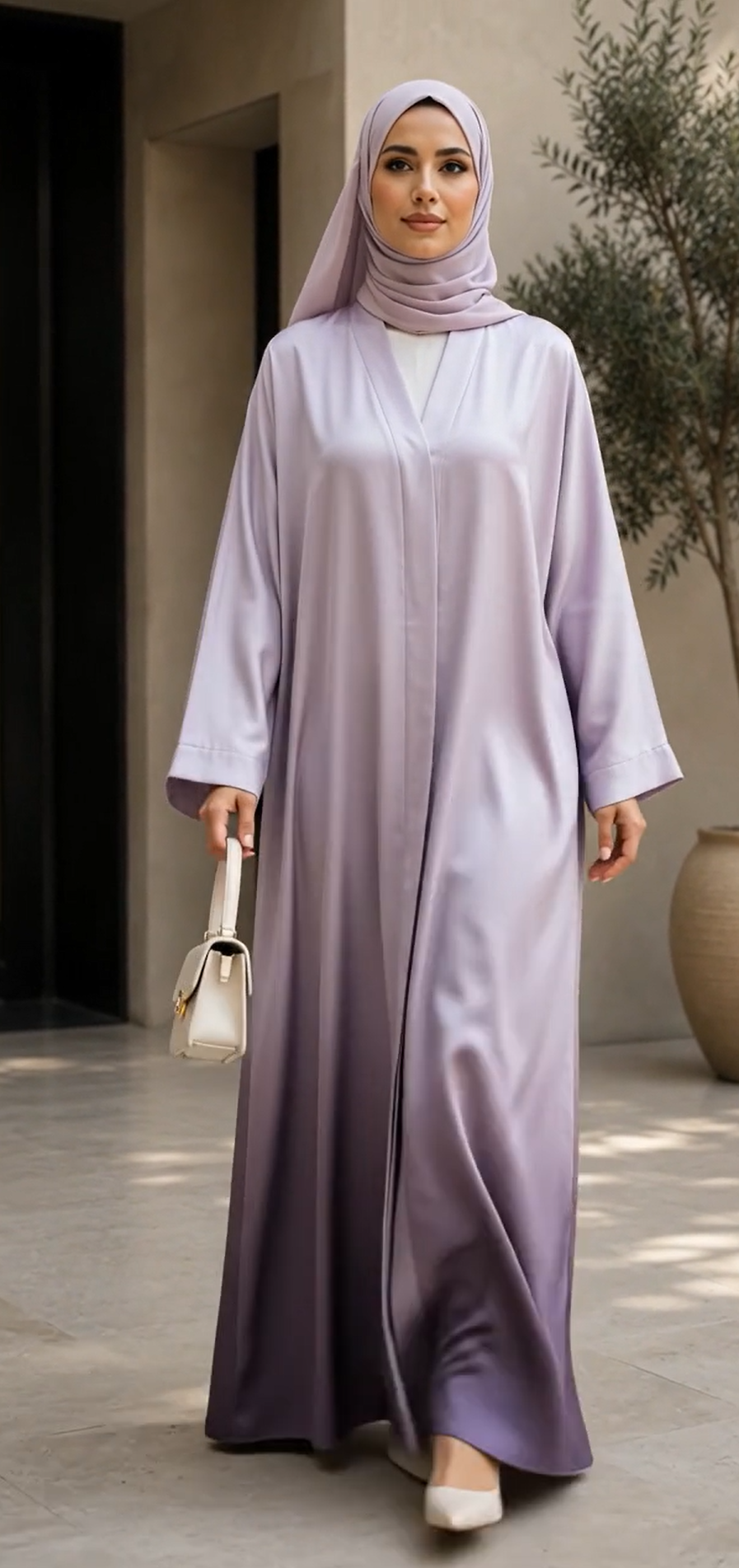 A woman wearing a lavender satin abaya and matching hijab, holding a small white handbag, standing in a modern courtyard setting.