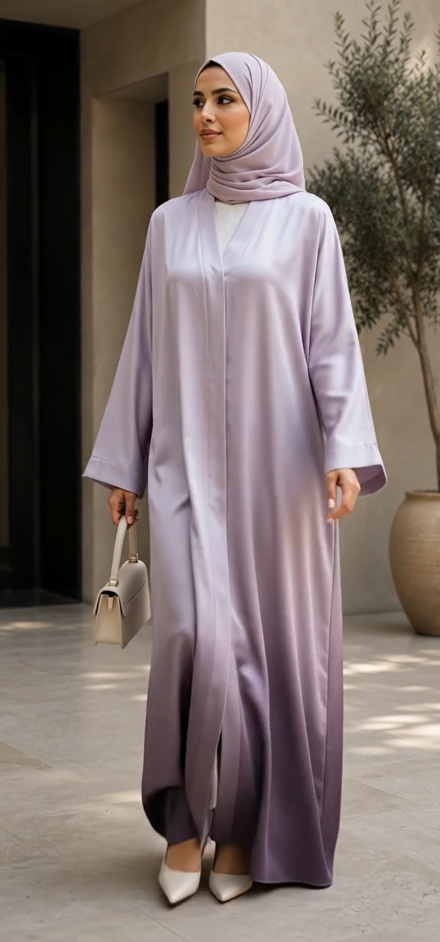 A woman wearing a light lavender abaya and matching hijab, holding a small beige handbag and wearing white pointed-toe heels, standing in a modern outdoor walkway.