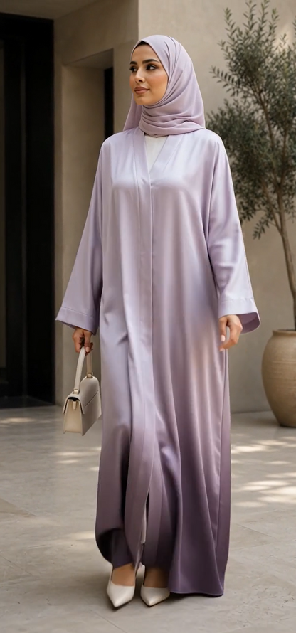 A woman wearing a light lavender abaya and matching hijab, holding a small beige handbag and wearing white pointed-toe heels, standing in a modern outdoor walkway.