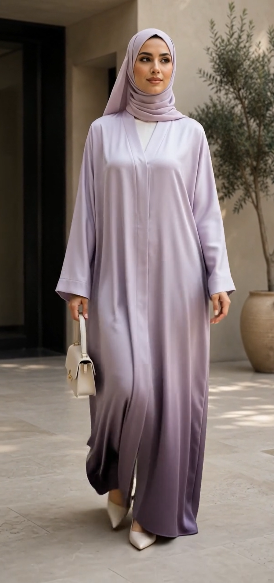 A woman wearing a light lavender to deep purple ombré abaya and matching hijab, walking in a modern outdoor courtyard.