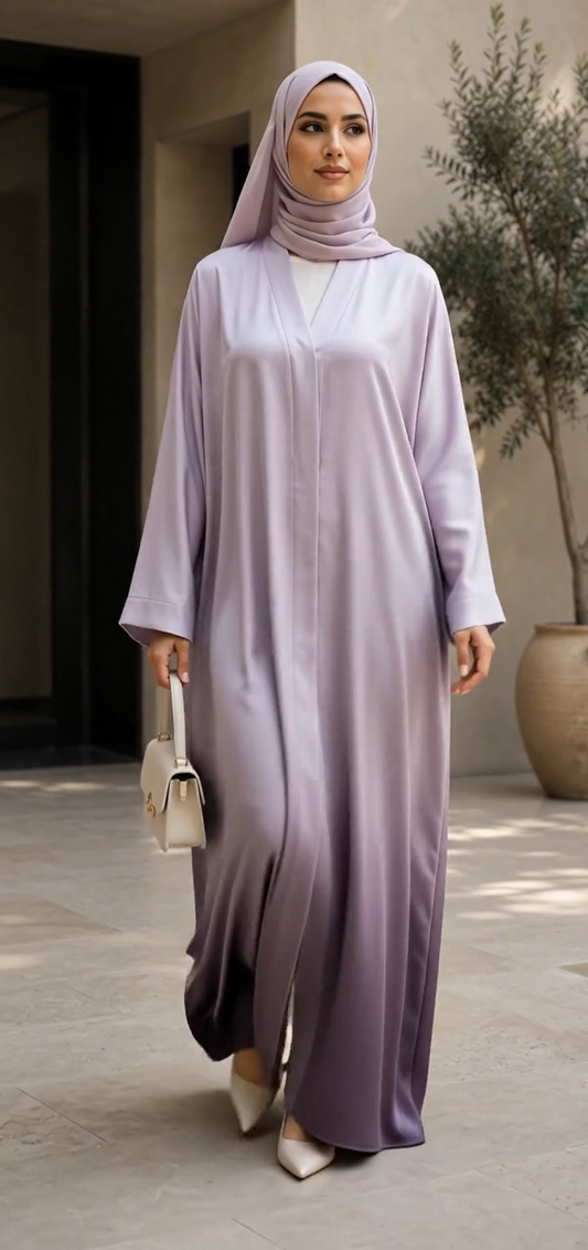A woman wearing a light lavender to deep purple ombré abaya and matching hijab, walking in a modern outdoor courtyard.