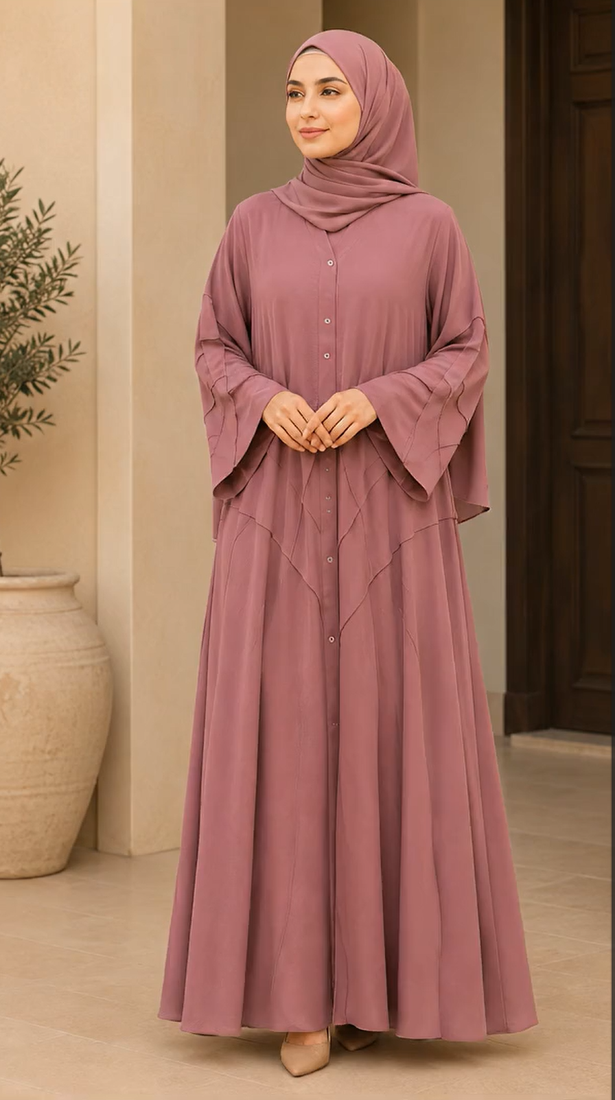 A woman wearing a dusty rose abaya and matching hijab, standing in a neutral indoor setting with beige walls and a large ceramic pot.