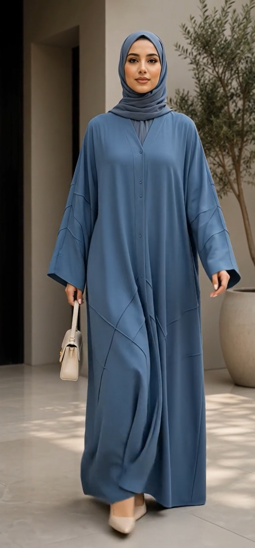 A woman wearing a long, flowing blue abaya with a matching hijab, standing in a modern indoor setting with neutral walls and a potted plant. She is holding a small beige handbag.