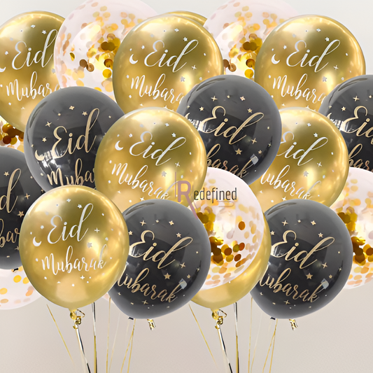 EID Mubarak Latex Balloon (Pack of 12) - Black and Gold and Confetti