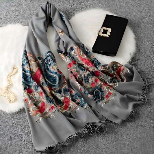 Embroidered Cashmere Stole - Grey