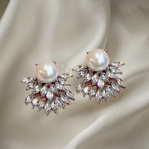 Pearl and Sparkling Stone Cluster Earrings
