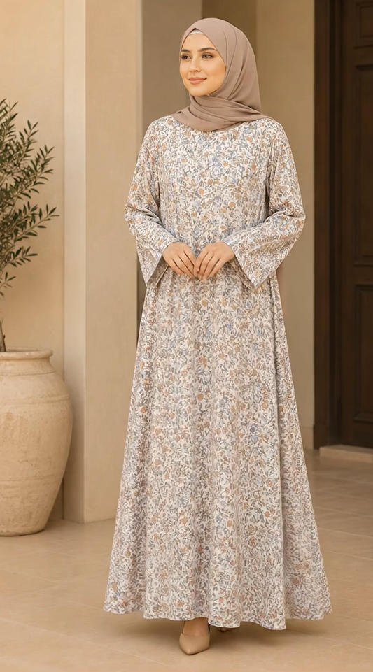 A woman wearing a long-sleeved, floor-length abaya dress with a delicate beige and white floral pattern, paired with a matching taupe hijab, standing in a neutral-toned indoor setting.