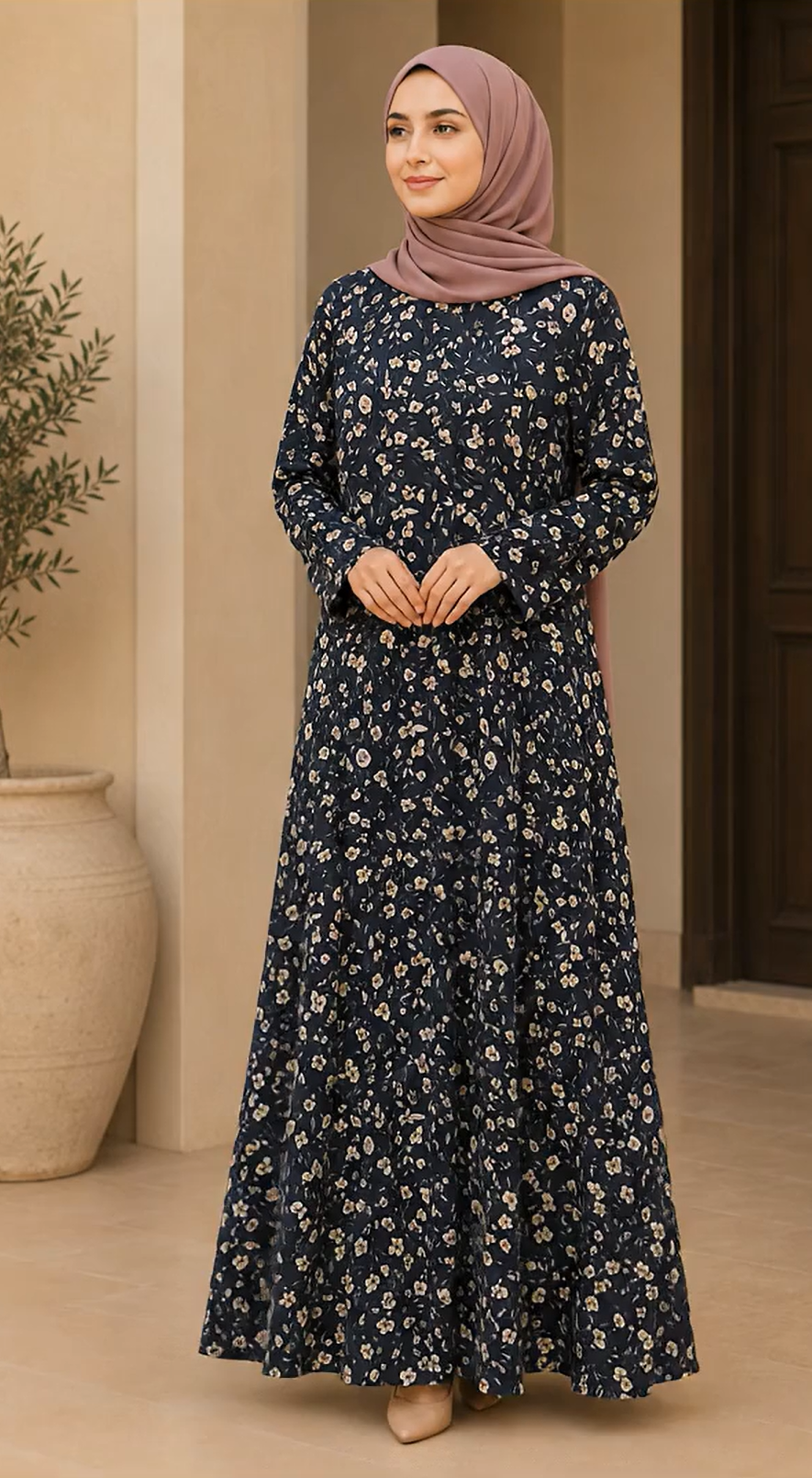 A woman wearing a long-sleeved navy blue maxi dress with a small white floral print and a dusty rose hijab, standing in an indoor setting with beige walls and a large ceramic pot.