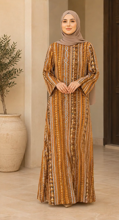A woman wearing a long-sleeved, floor-length abaya dress with vertical metallic gold and brown patterns, paired with a taupe hijab, standing in a neutral indoor setting.