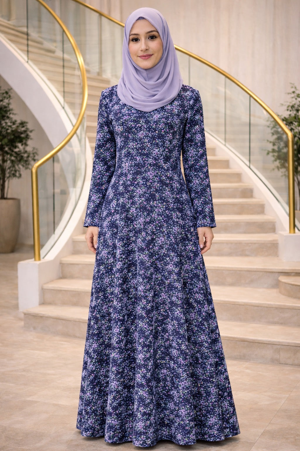 Woman wearing a blue floral dress and light purple hijab standing on a staircase.