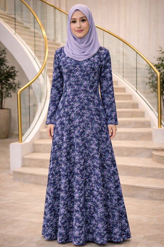 Woman wearing a blue floral dress and light purple hijab standing on a staircase.