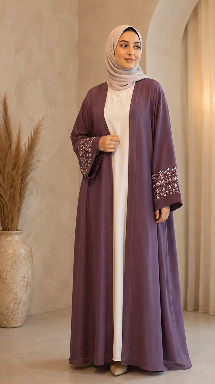 A woman wearing a long mauve-purple abaya with embroidered details on the sleeves, worn over a white inner dress and a light beige hijab, standing in a warm-toned indoor setting.