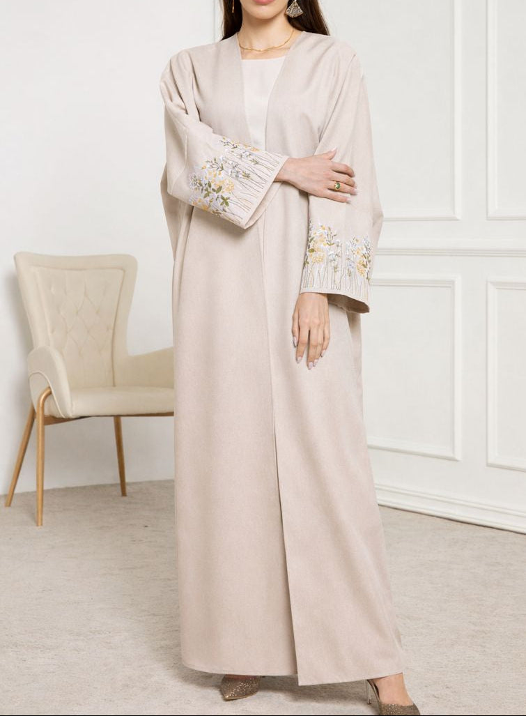 Sand Embroidered Open Abaya