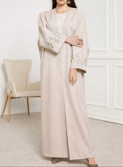 Sand Embroidered Open Abaya