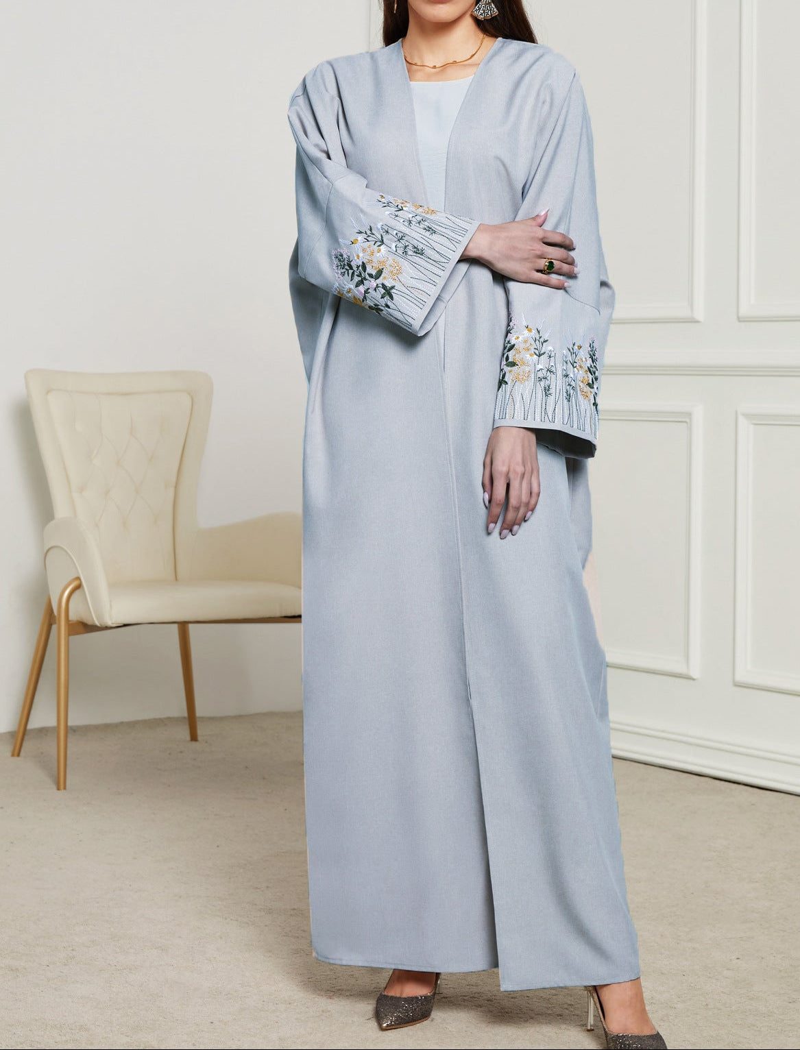 Sky Embroidered Open Abaya