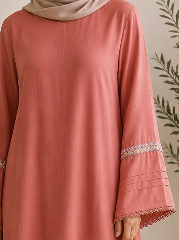 Elegant dusty rose pashmina abaya dress featuring embroidered wide sleeves, a flowing maxi silhouette, and a modest relaxed fit.