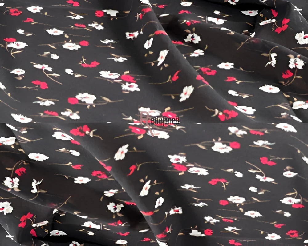 Chiffon Printed Scarf Black colour with Red White Flower