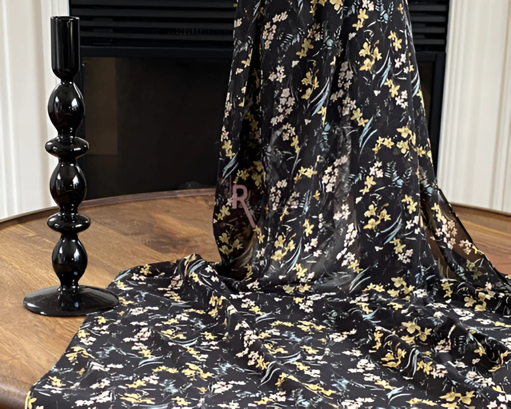 Chiffon Printed Scarf Black colour with Mustard Flower