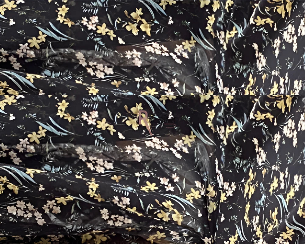 Chiffon Printed Scarf Black colour with Mustard Flower