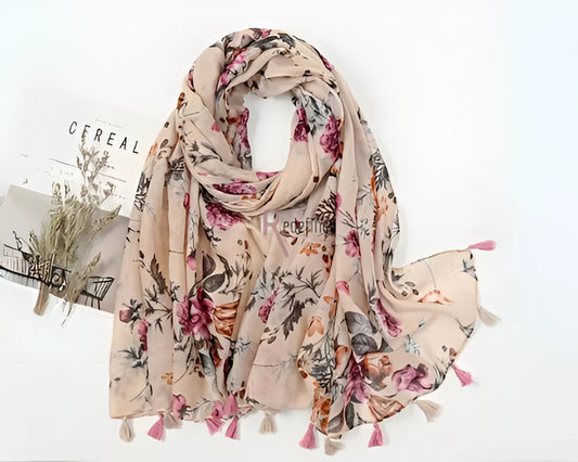 Tassel Scarf Beige Floral