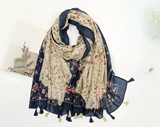 Tassel Scarf  Beige with Navy Blue border