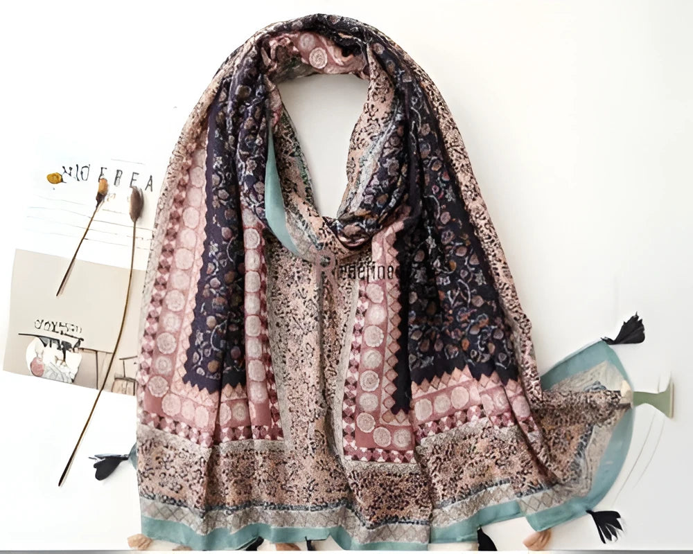 Tassel Scarf Navy Blue Brown pattern