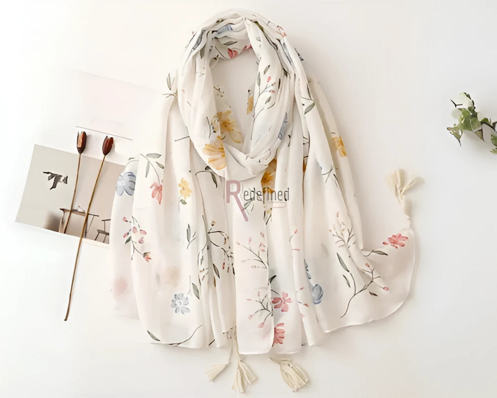 Tassel Scarf White colour with Light Flowers