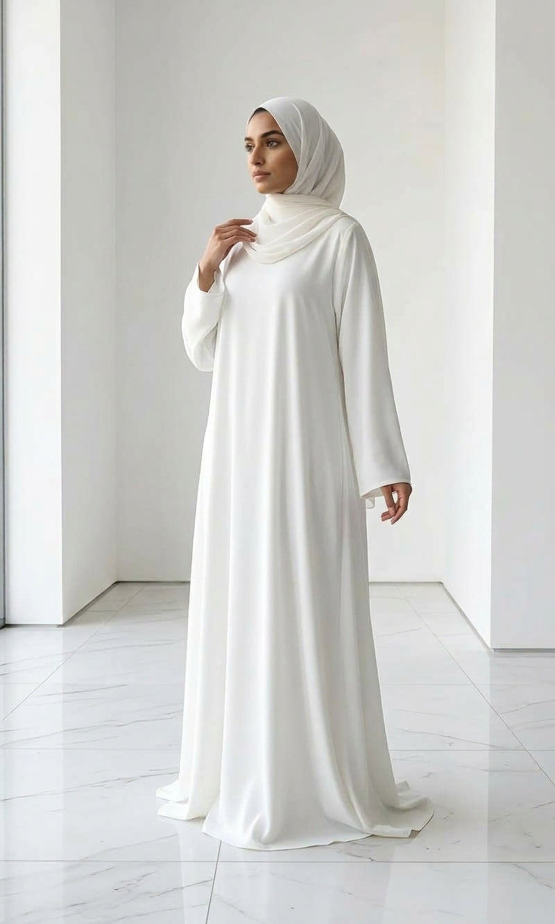 Woman wearing a long, off white colour dress and hijab standing in an indoor setting.